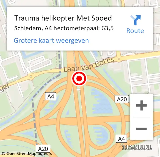 Locatie op kaart van de 112 melding: Trauma helikopter Met Spoed Naar Schiedam, A4 hectometerpaal: 63,5 op 2 juli 2023 02:25