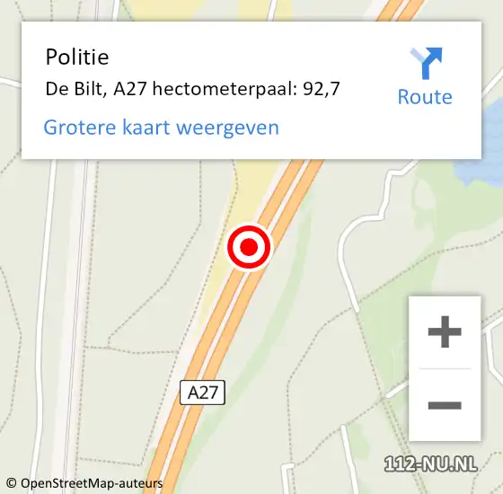 Locatie op kaart van de 112 melding: Politie De Bilt, A27 hectometerpaal: 92,7 op 2 juli 2023 05:36