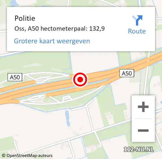 Locatie op kaart van de 112 melding: Politie Oss, A50 hectometerpaal: 132,9 op 2 juli 2023 07:21