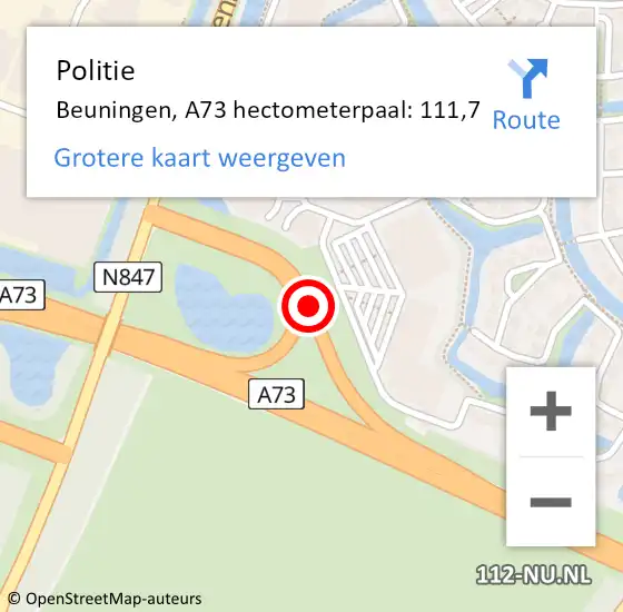 Locatie op kaart van de 112 melding: Politie Beuningen, A73 hectometerpaal: 111,7 op 2 juli 2023 08:06