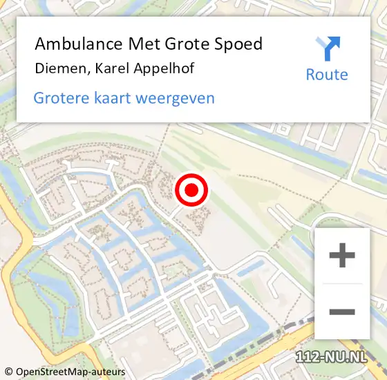 Locatie op kaart van de 112 melding: Ambulance Met Grote Spoed Naar Diemen, Karel Appelhof op 2 juli 2023 08:56