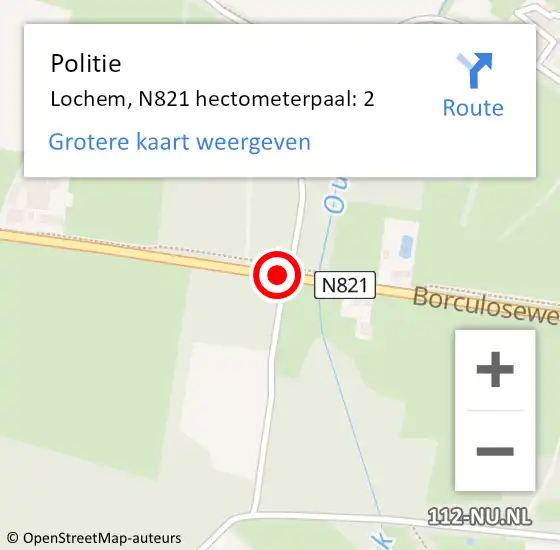 Locatie op kaart van de 112 melding: Politie Lochem, N821 hectometerpaal: 2 op 2 juli 2023 10:09