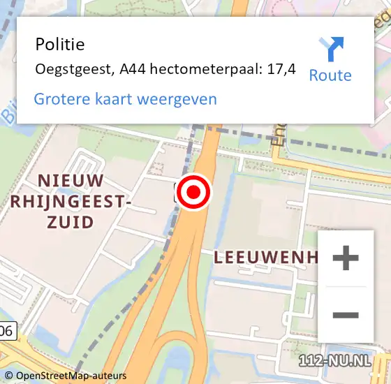 Locatie op kaart van de 112 melding: Politie Oegstgeest, A44 hectometerpaal: 17,4 op 2 juli 2023 10:35