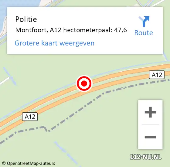 Locatie op kaart van de 112 melding: Politie Montfoort, A12 hectometerpaal: 47,6 op 2 juli 2023 12:10