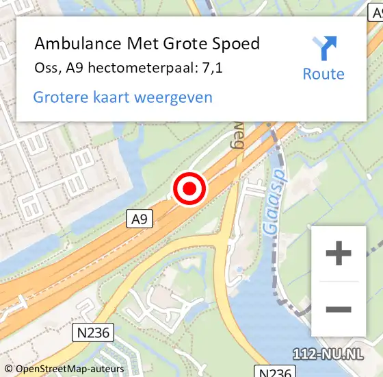 Locatie op kaart van de 112 melding: Ambulance Met Grote Spoed Naar Oss, A9 hectometerpaal: 7,1 op 2 juli 2023 13:21