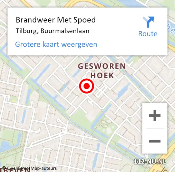 Locatie op kaart van de 112 melding: Brandweer Met Spoed Naar Tilburg, Buurmalsenlaan op 2 juli 2023 16:48