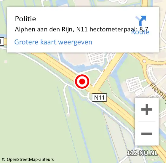 Locatie op kaart van de 112 melding: Politie Alphen aan den Rijn, N11 hectometerpaal: 8,7 op 2 juli 2023 18:11