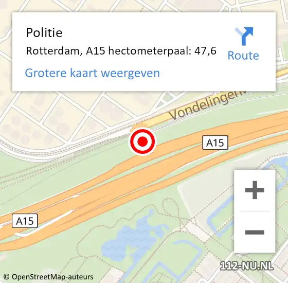 Locatie op kaart van de 112 melding: Politie Rotterdam, A15 hectometerpaal: 47,6 op 2 juli 2023 18:59