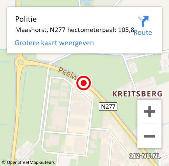 Locatie op kaart van de 112 melding: Politie Maashorst, N277 hectometerpaal: 105,8 op 2 juli 2023 19:32