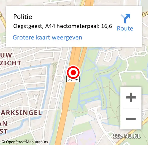 Locatie op kaart van de 112 melding: Politie Oegstgeest, A44 hectometerpaal: 16,6 op 2 juli 2023 19:48