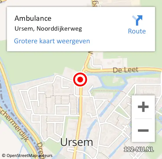 Locatie op kaart van de 112 melding: Ambulance Ursem, Noorddijkerweg op 2 juli 2023 20:25