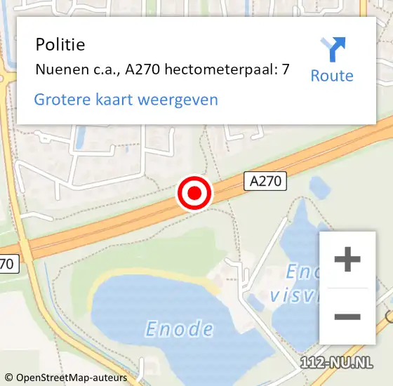 Locatie op kaart van de 112 melding: Politie Nuenen c.a., A270 hectometerpaal: 7 op 2 juli 2023 20:57