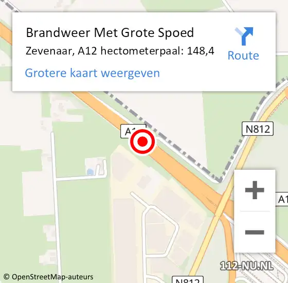 Locatie op kaart van de 112 melding: Brandweer Met Grote Spoed Naar Zevenaar, A12 hectometerpaal: 148,4 op 3 juli 2023 04:07