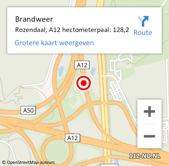 Locatie op kaart van de 112 melding: Brandweer Rozendaal, A12 hectometerpaal: 128,2 op 3 juli 2023 04:08