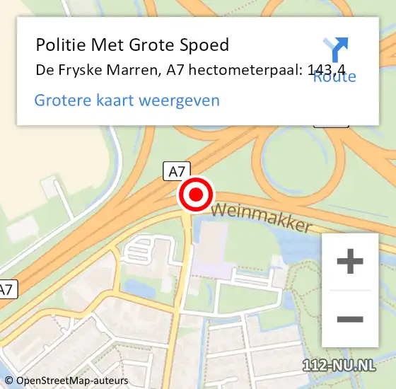 Locatie op kaart van de 112 melding: Politie Met Grote Spoed Naar De Fryske Marren, A7 hectometerpaal: 143,4 op 3 juli 2023 08:03