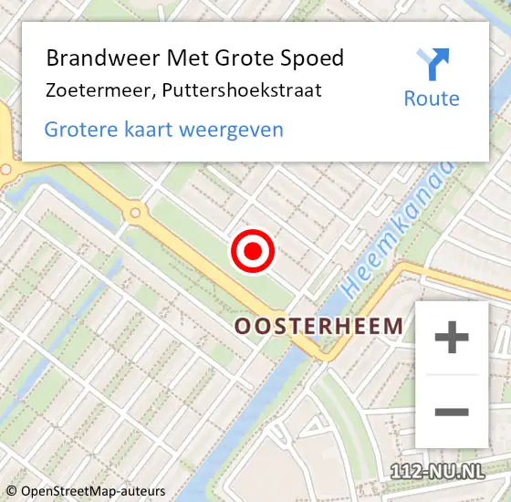 Locatie op kaart van de 112 melding: Brandweer Met Grote Spoed Naar Zoetermeer, Puttershoekstraat op 3 juli 2023 08:54