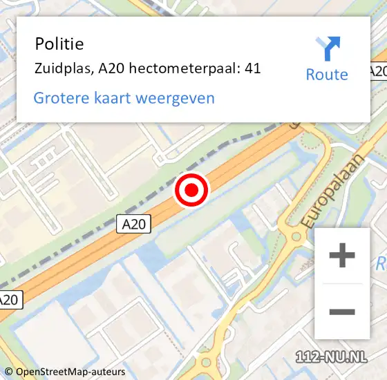 Locatie op kaart van de 112 melding: Politie Zuidplas, A20 hectometerpaal: 41 op 3 juli 2023 09:14