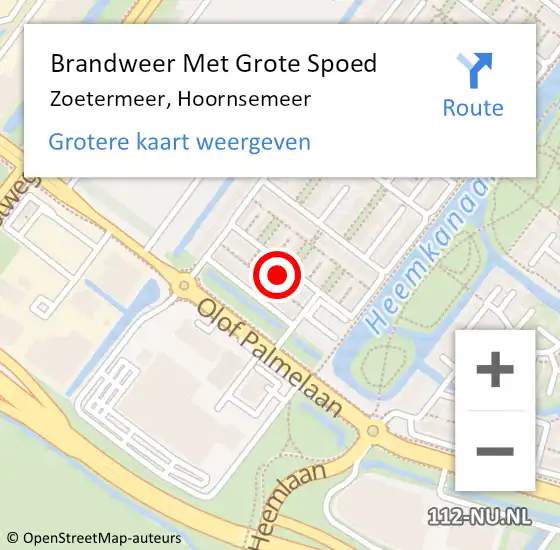 Locatie op kaart van de 112 melding: Brandweer Met Grote Spoed Naar Zoetermeer, Hoornsemeer op 3 juli 2023 14:53