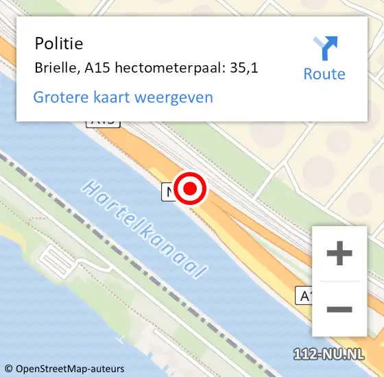 Locatie op kaart van de 112 melding: Politie Brielle, A15 hectometerpaal: 35,1 op 3 juli 2023 15:57