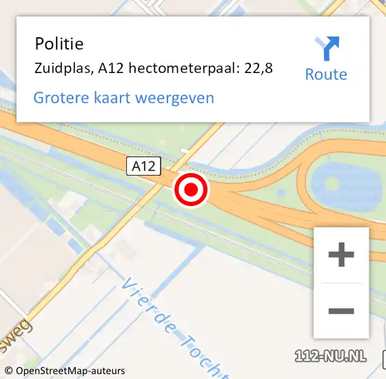 Locatie op kaart van de 112 melding: Politie Zuidplas, A12 hectometerpaal: 22,8 op 3 juli 2023 16:13