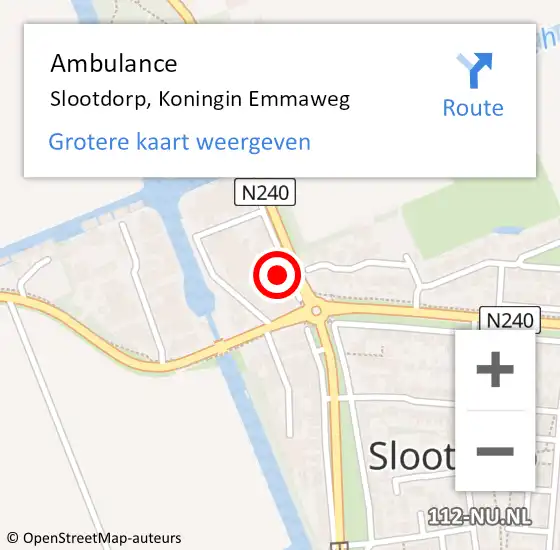 Locatie op kaart van de 112 melding: Ambulance Slootdorp, Koningin Emmaweg op 3 juli 2023 18:07