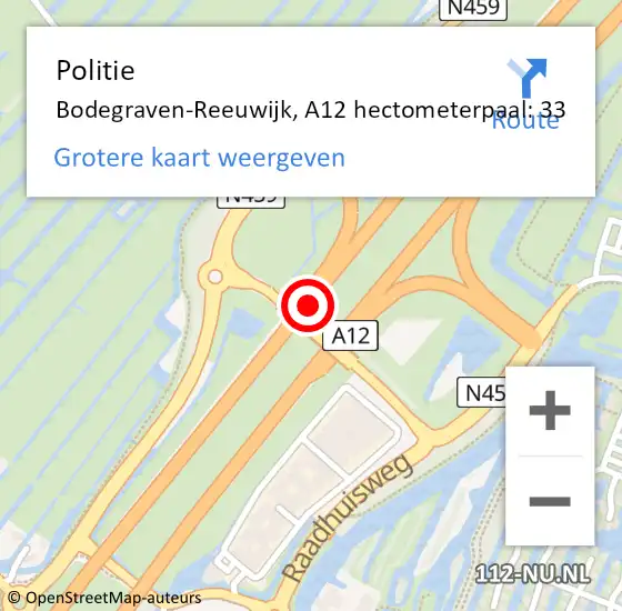 Locatie op kaart van de 112 melding: Politie Bodegraven-Reeuwijk, A12 hectometerpaal: 33 op 3 juli 2023 20:33