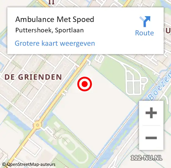 Locatie op kaart van de 112 melding: Ambulance Met Spoed Naar Puttershoek, Sportlaan op 3 juli 2023 21:39