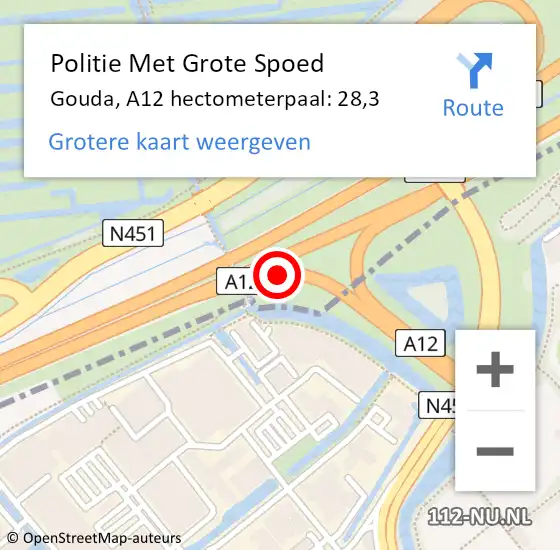 Locatie op kaart van de 112 melding: Politie Met Grote Spoed Naar Gouda, A12 hectometerpaal: 28,3 op 3 juli 2023 22:26