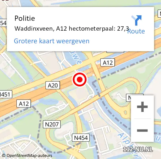 Locatie op kaart van de 112 melding: Politie Waddinxveen, A12 hectometerpaal: 27,3 op 3 juli 2023 23:32