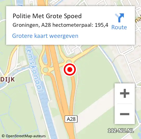 Locatie op kaart van de 112 melding: Politie Met Grote Spoed Naar Groningen, A28 hectometerpaal: 195,4 op 4 juli 2023 05:46