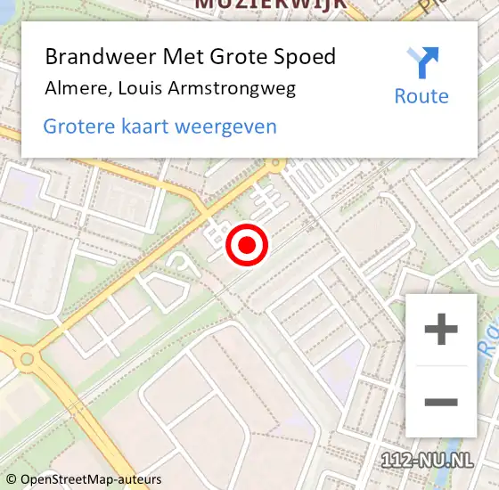 Locatie op kaart van de 112 melding: Brandweer Met Grote Spoed Naar Almere, Louis Armstrongweg op 4 juli 2023 06:13