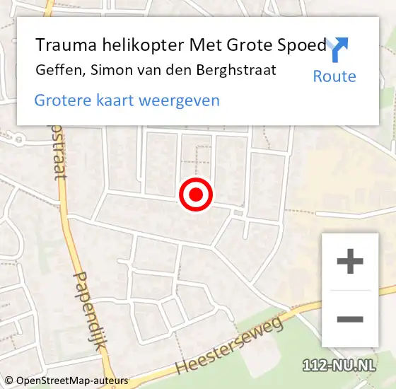 Locatie op kaart van de 112 melding: Trauma helikopter Met Grote Spoed Naar Geffen, Simon van den Berghstraat op 4 juli 2023 07:31
