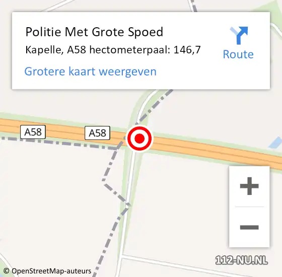 Locatie op kaart van de 112 melding: Politie Met Grote Spoed Naar Kapelle, A58 hectometerpaal: 146,7 op 4 juli 2023 07:48