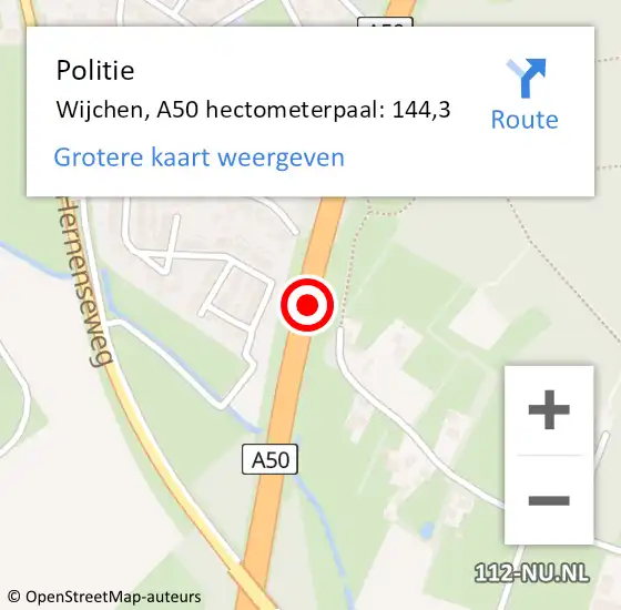 Locatie op kaart van de 112 melding: Politie Wijchen, A50 hectometerpaal: 144,3 op 4 juli 2023 07:48