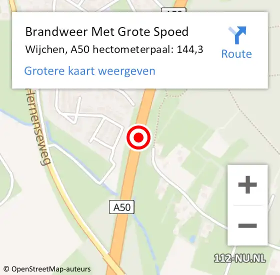 Locatie op kaart van de 112 melding: Brandweer Met Grote Spoed Naar Wijchen, A50 hectometerpaal: 144,3 op 4 juli 2023 08:02