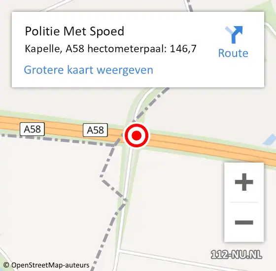 Locatie op kaart van de 112 melding: Politie Met Spoed Naar Kapelle, A58 hectometerpaal: 146,7 op 4 juli 2023 09:02