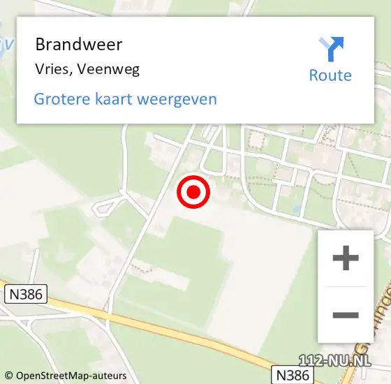 Locatie op kaart van de 112 melding: Brandweer Vries, Veenweg op 4 juli 2023 09:13