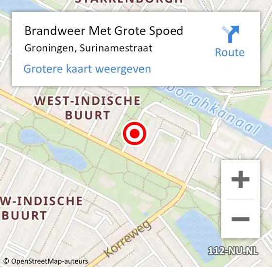 Locatie op kaart van de 112 melding: Brandweer Met Grote Spoed Naar Groningen, Surinamestraat op 4 juli 2023 10:00