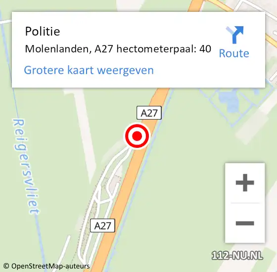 Locatie op kaart van de 112 melding: Politie Molenlanden, A27 hectometerpaal: 40 op 4 juli 2023 13:41