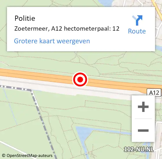 Locatie op kaart van de 112 melding: Politie Zoetermeer, A12 hectometerpaal: 12 op 4 juli 2023 14:08