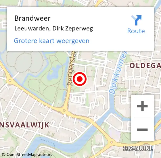 Locatie op kaart van de 112 melding: Brandweer Leeuwarden, Dirk Zeperweg op 4 juli 2023 14:11