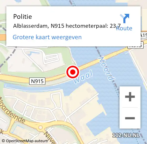 Locatie op kaart van de 112 melding: Politie Alblasserdam, N915 hectometerpaal: 23,7 op 4 juli 2023 14:20