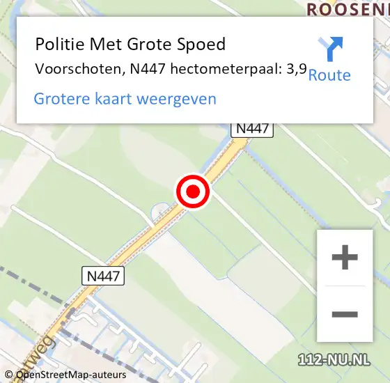 Locatie op kaart van de 112 melding: Politie Met Grote Spoed Naar Voorschoten, N447 hectometerpaal: 3,9 op 4 juli 2023 14:27