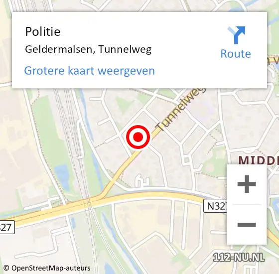 Locatie op kaart van de 112 melding: Politie Geldermalsen, Tunnelweg op 4 juli 2023 14:54