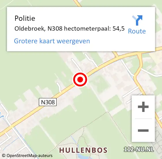 Locatie op kaart van de 112 melding: Politie Oldebroek, N308 hectometerpaal: 54,5 op 4 juli 2023 15:21