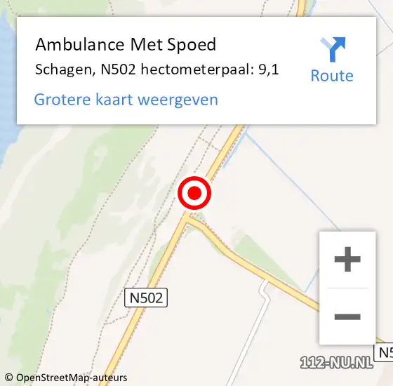 Locatie op kaart van de 112 melding: Ambulance Met Spoed Naar Schagen, N502 hectometerpaal: 9,1 op 4 juli 2023 15:55