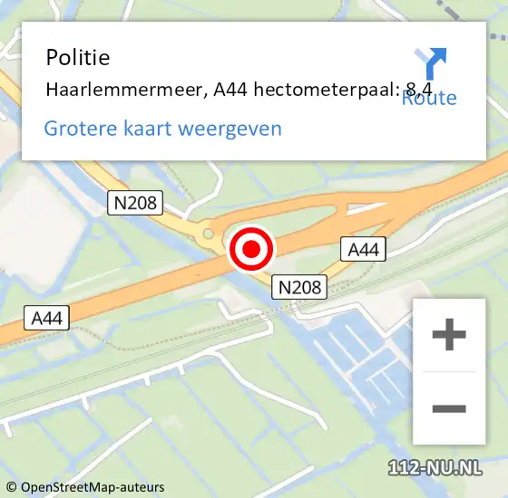 Locatie op kaart van de 112 melding: Politie Haarlemmermeer, A44 hectometerpaal: 8,4 op 4 juli 2023 16:52