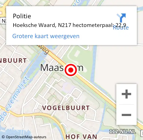 Locatie op kaart van de 112 melding: Politie Hoeksche Waard, N217 hectometerpaal: 22,9 op 4 juli 2023 16:53