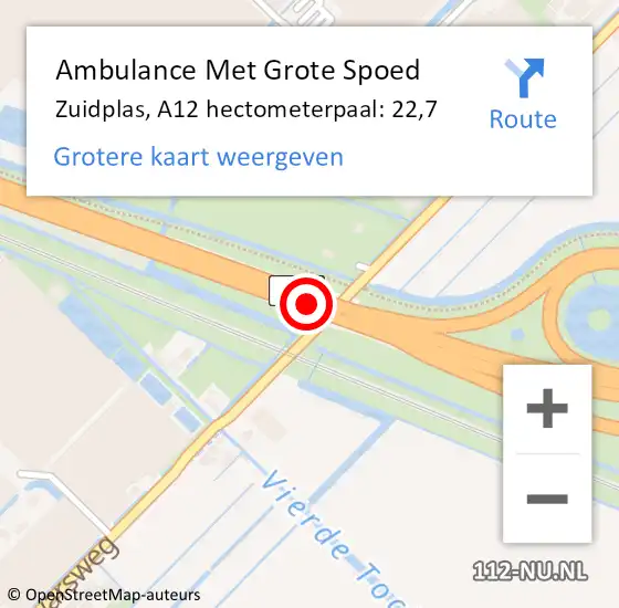 Locatie op kaart van de 112 melding: Ambulance Met Grote Spoed Naar Zuidplas, A12 hectometerpaal: 22,7 op 4 juli 2023 17:20