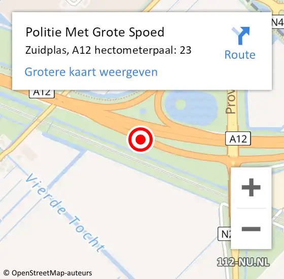 Locatie op kaart van de 112 melding: Politie Met Grote Spoed Naar Zuidplas, A12 hectometerpaal: 23 op 4 juli 2023 17:22